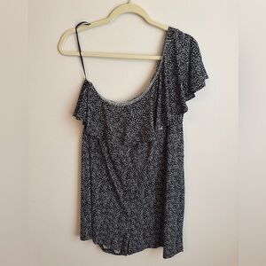Kaari Blue One-Shoulder Black & White Patterned Short Romper